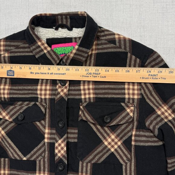 Empyre Plaid Sherpa Lined Shirt Jacket Brown Black Cotton Blend Shacket Size M - Picture 6 of 13